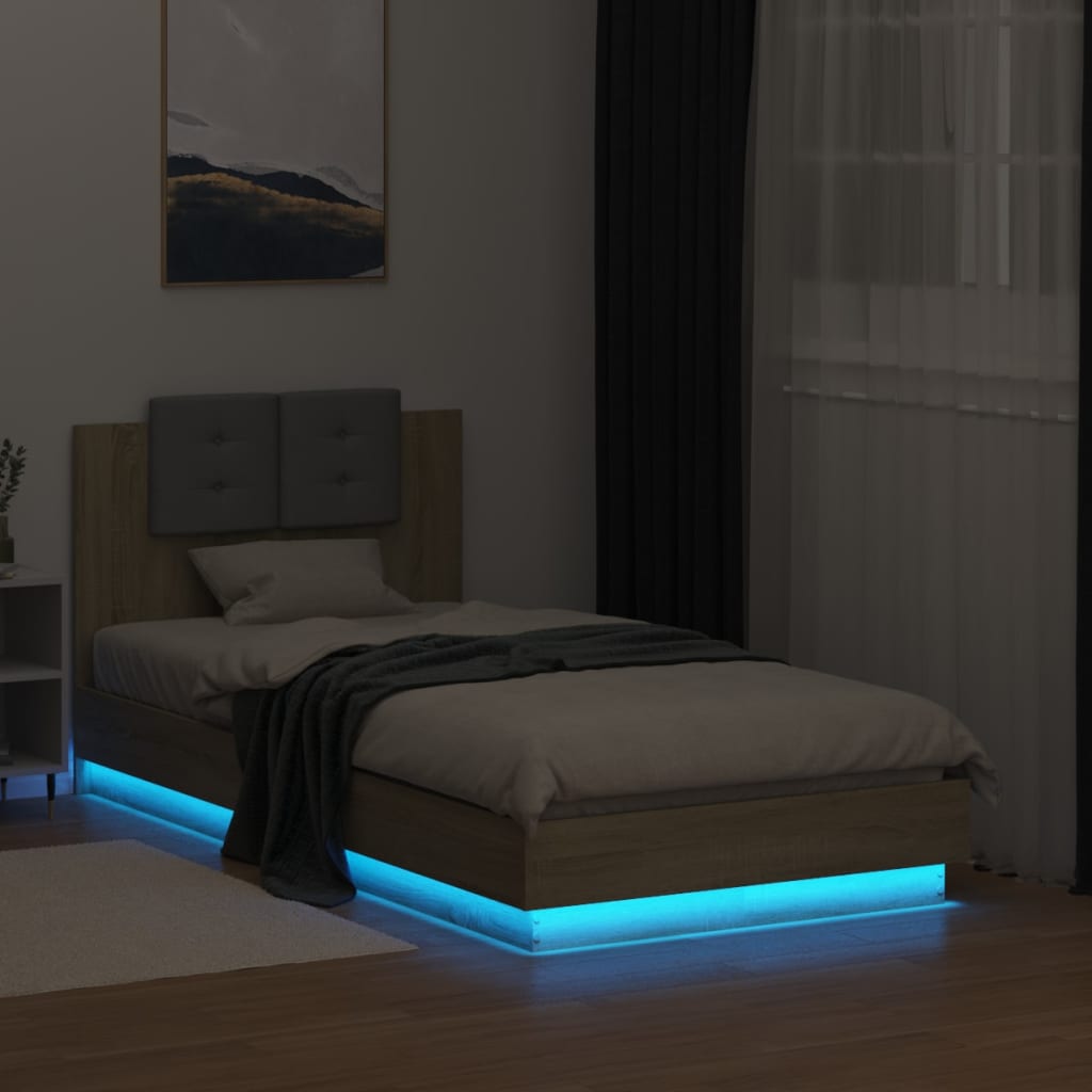sengeramme med sengegavl og LED-lys 90x190 cm sonoma-eg
