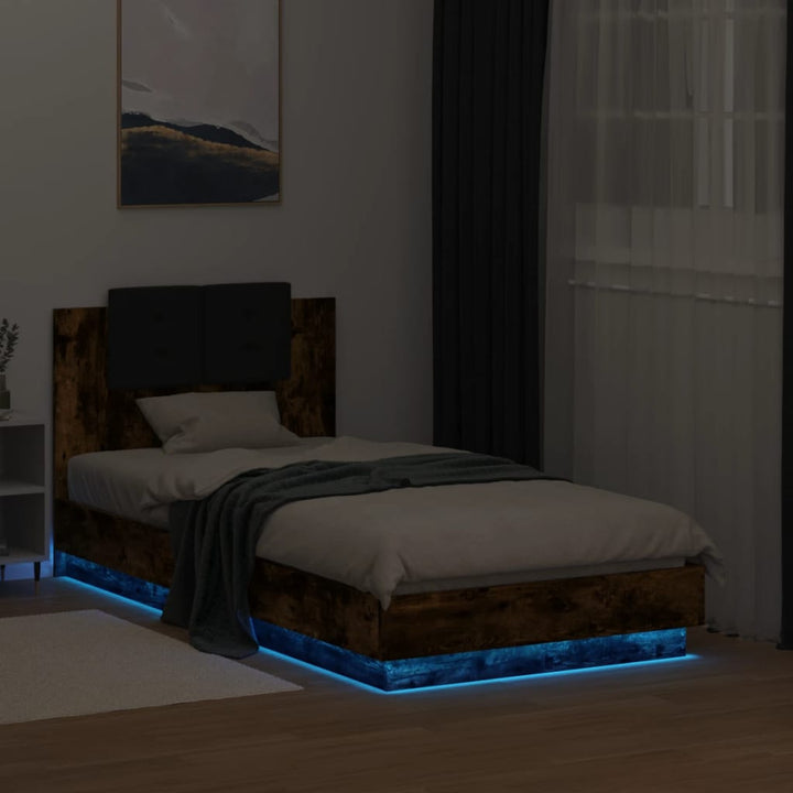 sengeramme med sengegavl og LED-lys 90x190 cm røget egetræ