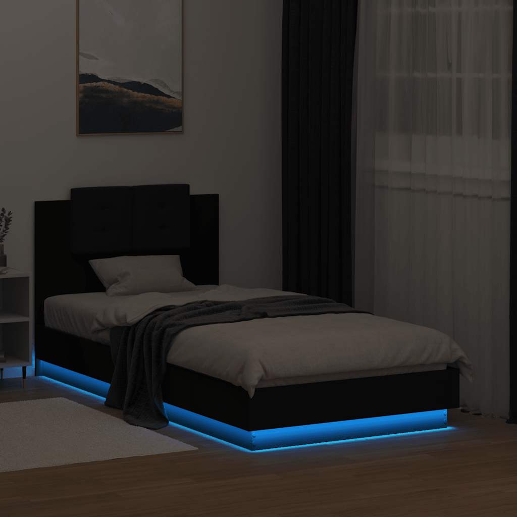 sengeramme med sengegavl og LED-lys 75x190 cm sort