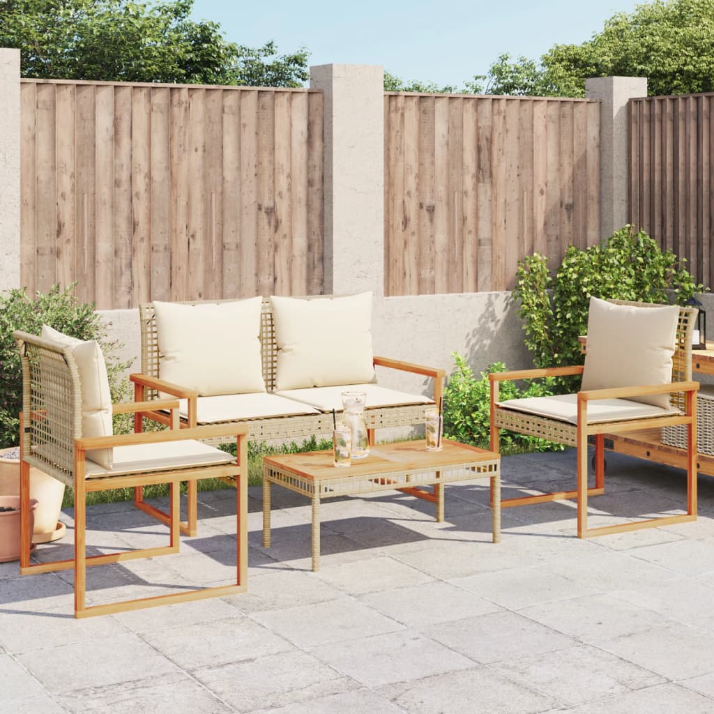 loungesæt til haven 4 dele med hynder polyrattan beige