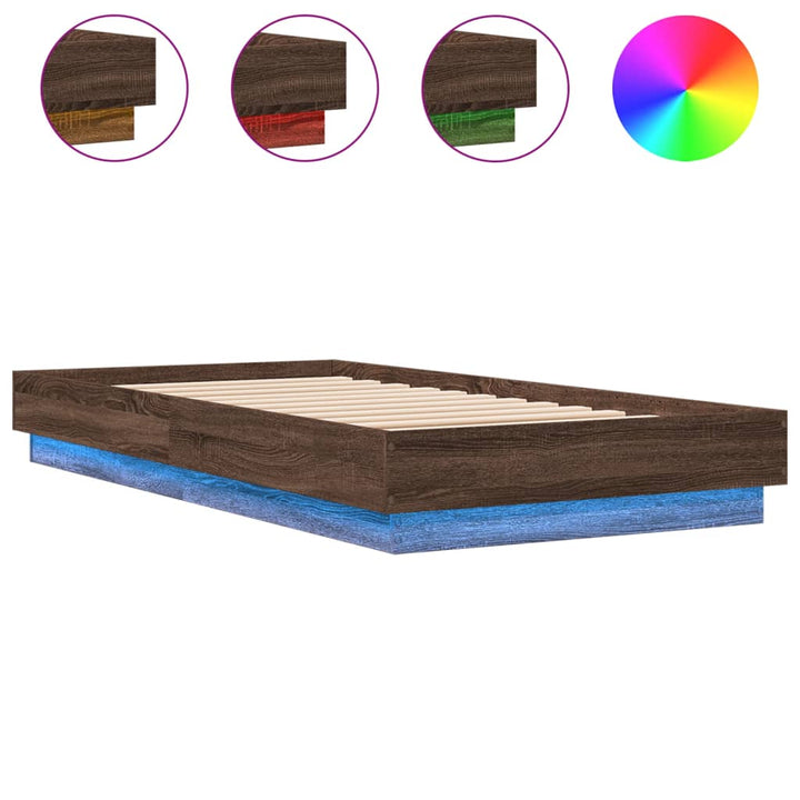 sengeramme med LED-lys 75x190 cm brun egetræsfarve