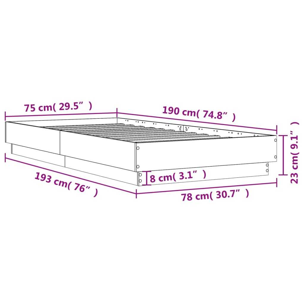 sengeramme 75x190 cm uden madras konstrueret træ brunt eg