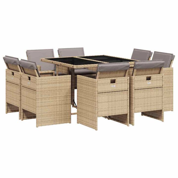 spisebordssæt til haven 9 dele med hynder polyrattan beige
