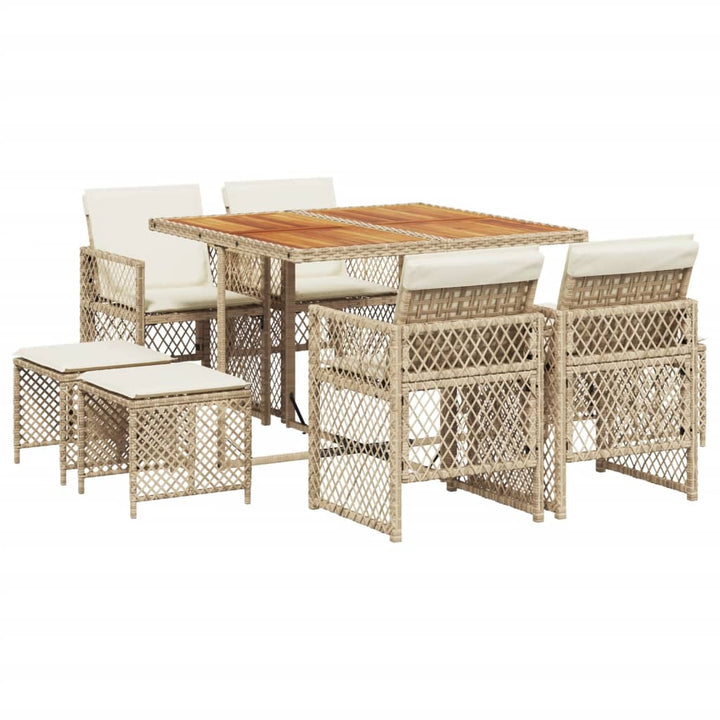 spisebordssæt til haven 9 dele med hynder polyrattan beige