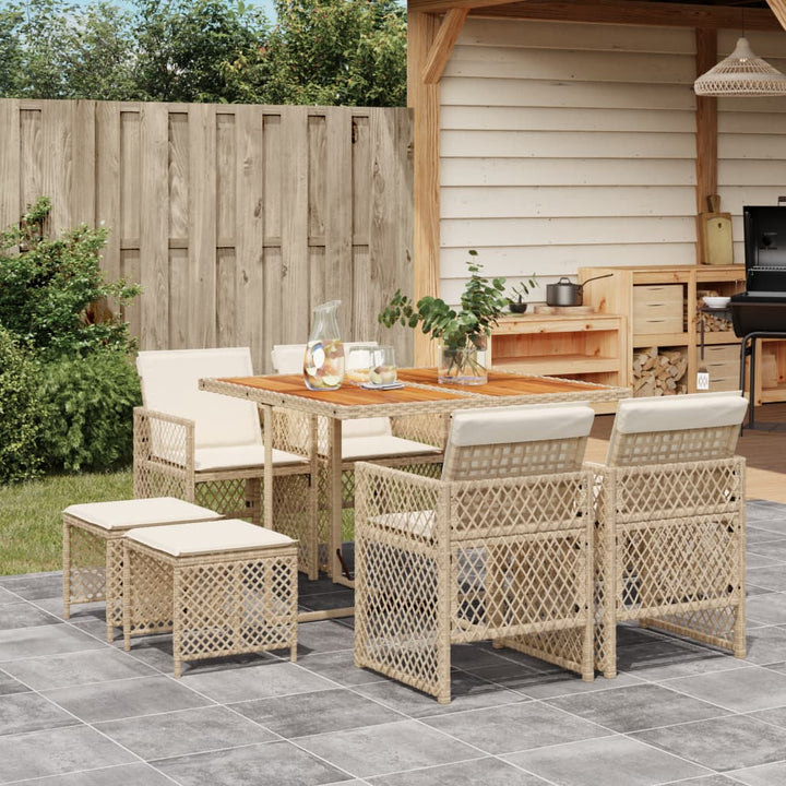 spisebordssæt til haven 9 dele med hynder polyrattan beige