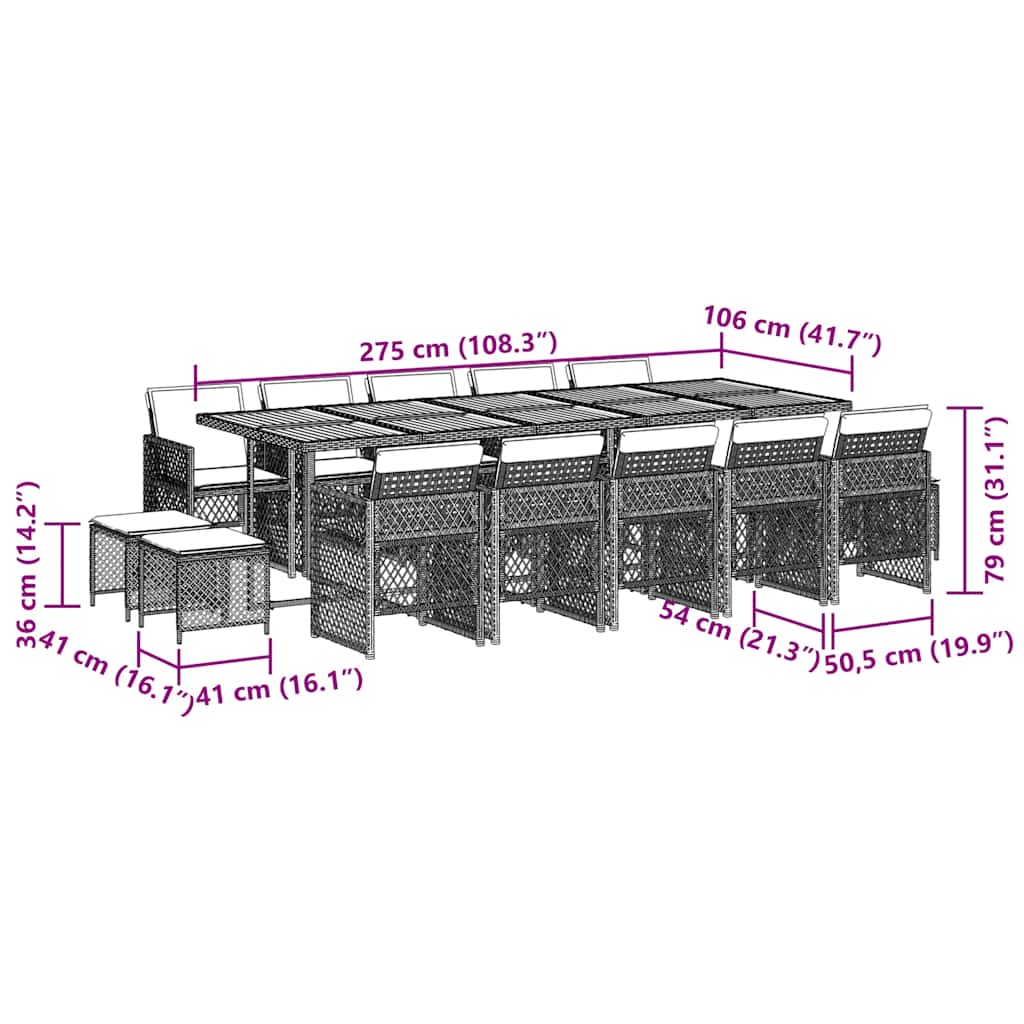 spisebordssæt til haven 15 dele med hynder polyrattan beige