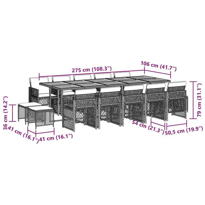 spisebordssæt til haven 15 dele med hynder polyrattan beige