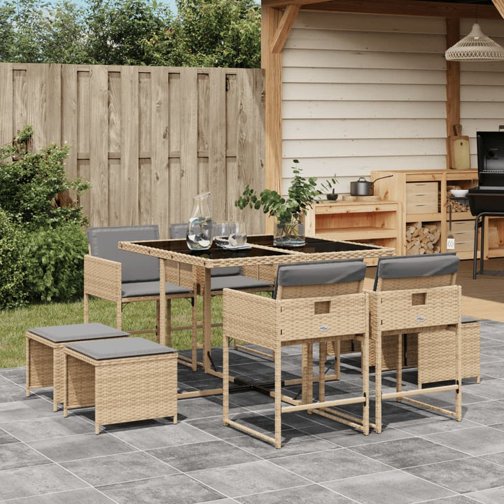 spisebordssæt til haven 9 dele med hynder polyrattan beige