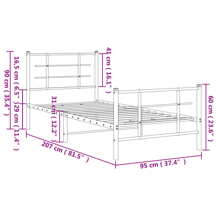 sengeramme med sengegavl og fodgærde 90x200 cm metal sort