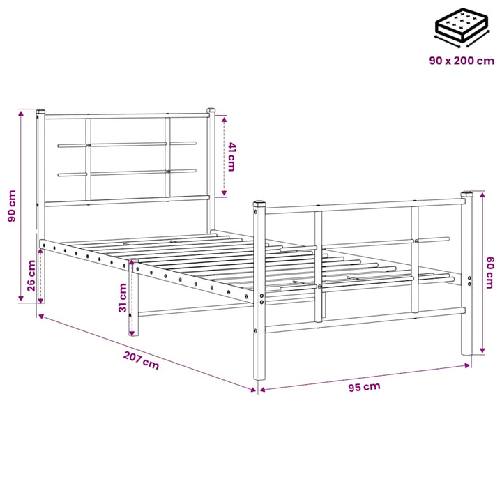sengeramme med sengegavl og fodgærde 90x200 cm metal sort