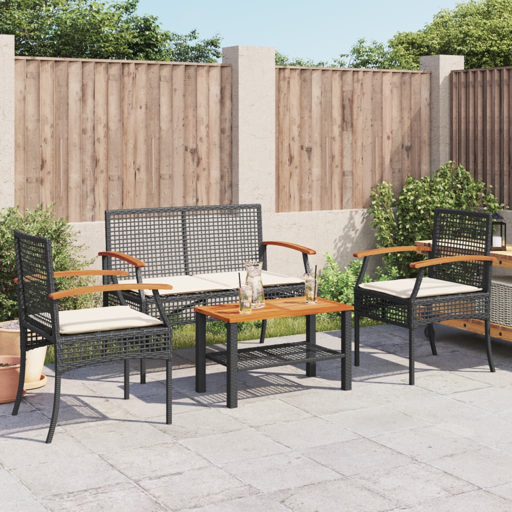 loungesæt til haven 4 dele med hynder polyrattan sort