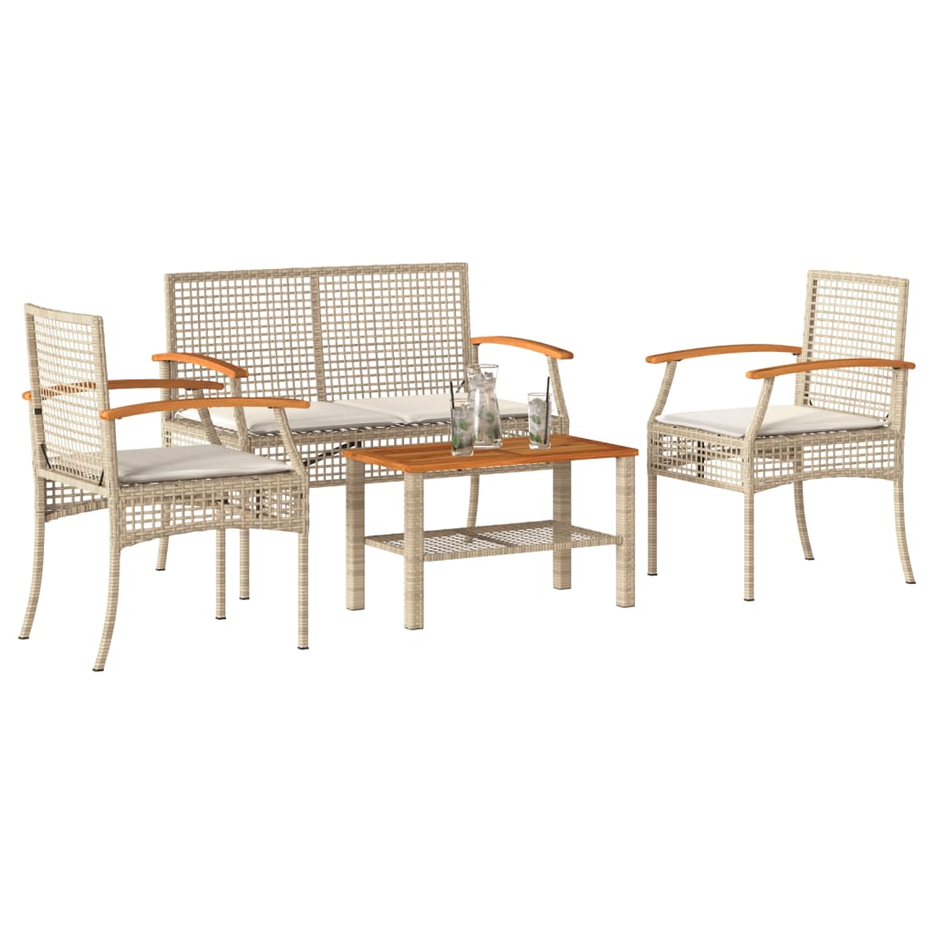 loungesæt til haven 4 dele med hynder polyrattan beige