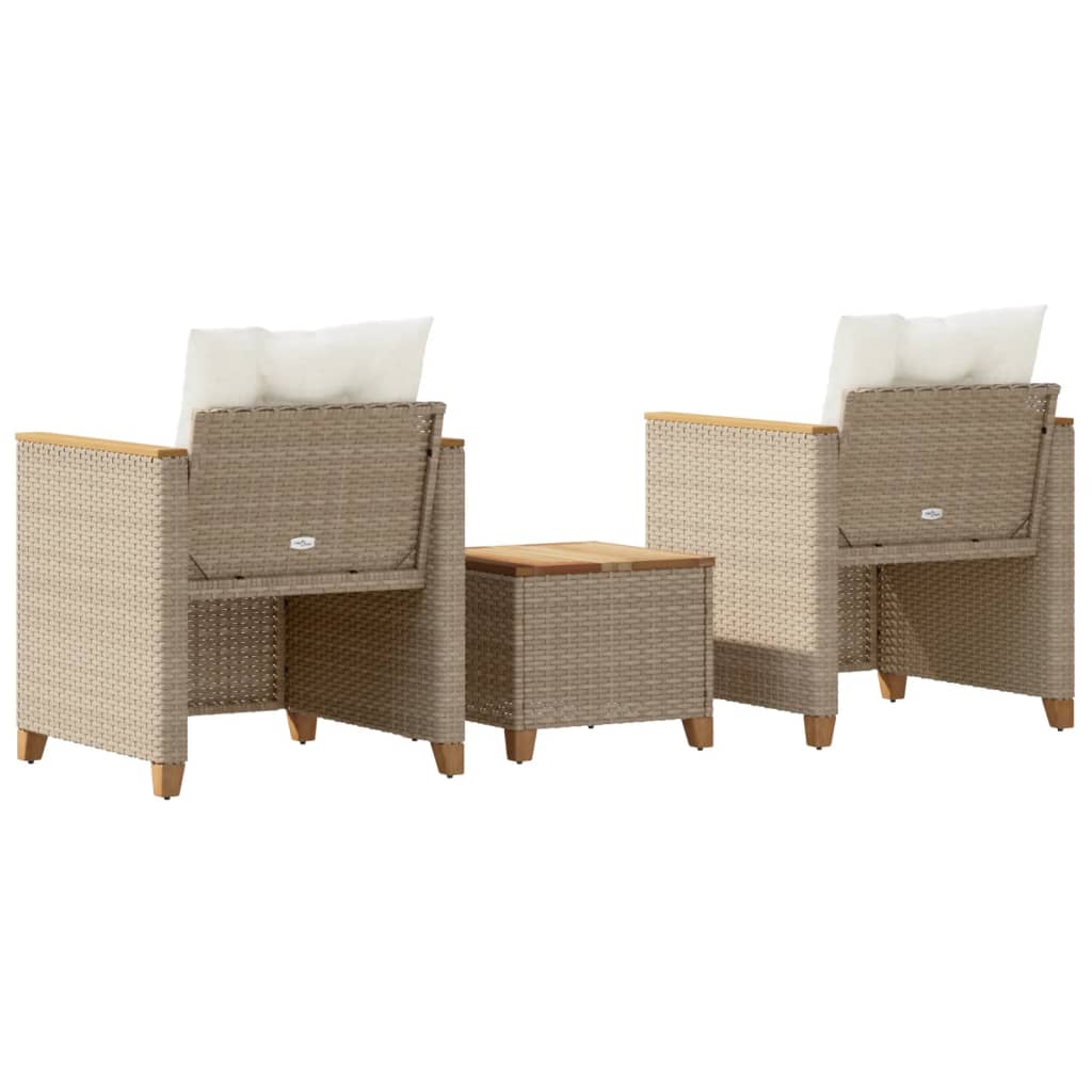 bistrosæt 3 dele med hynder polyrattan og akacietræ beige