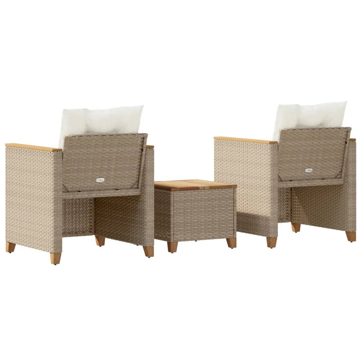 bistrosæt 3 dele med hynder polyrattan og akacietræ beige