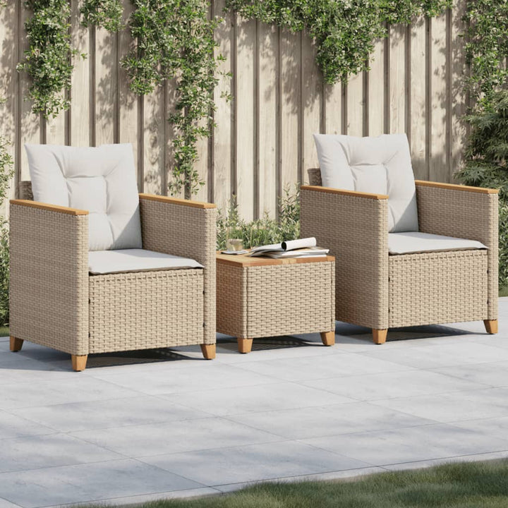bistrosæt 3 dele med hynder polyrattan og akacietræ beige