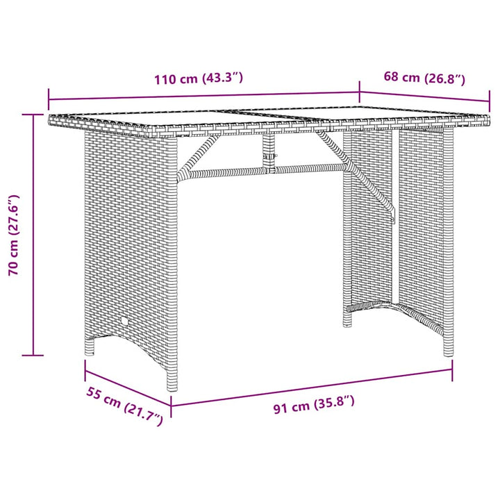 havebord med glastop 110x68x70 cm polyrattan sort