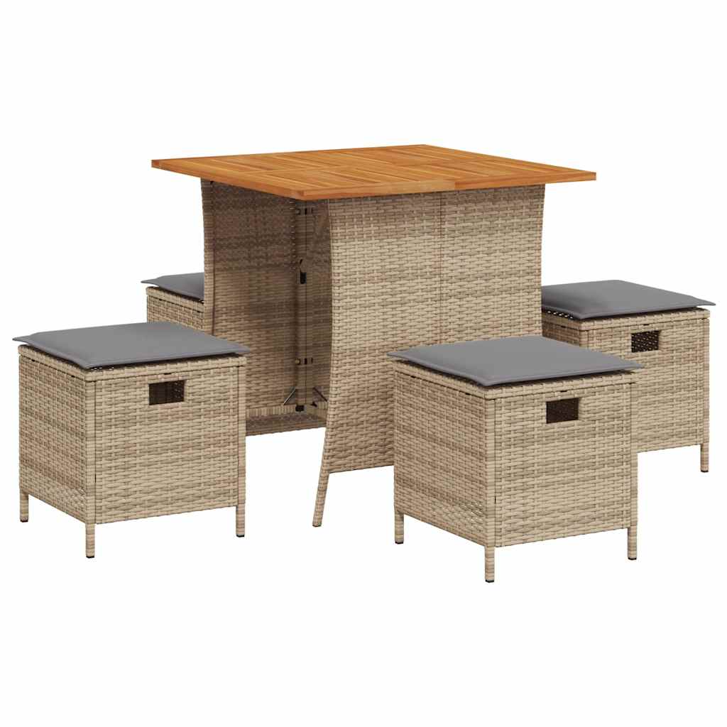 spisebordssæt til haven 5 dele med hynder polyrattan beige