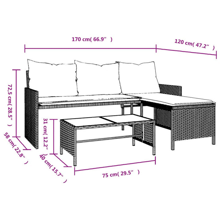 havesofa med bord og hynder L-formet polyrattan brun