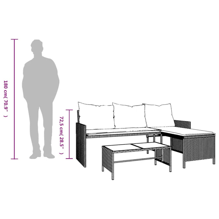 havesofa med bord og hynder L-formet polyrattan lysegrå