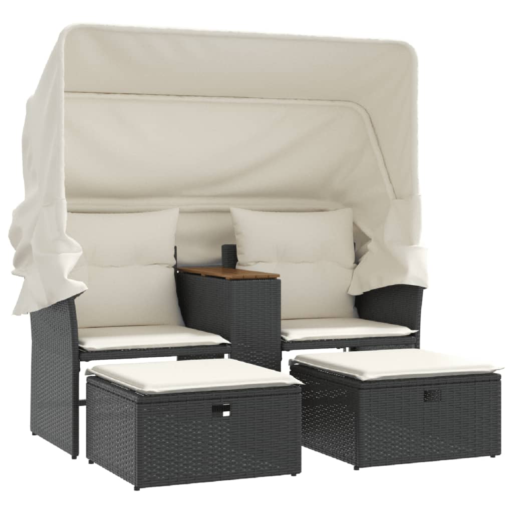 2-personers havesofa med baldakin og skamler polyrattan sort