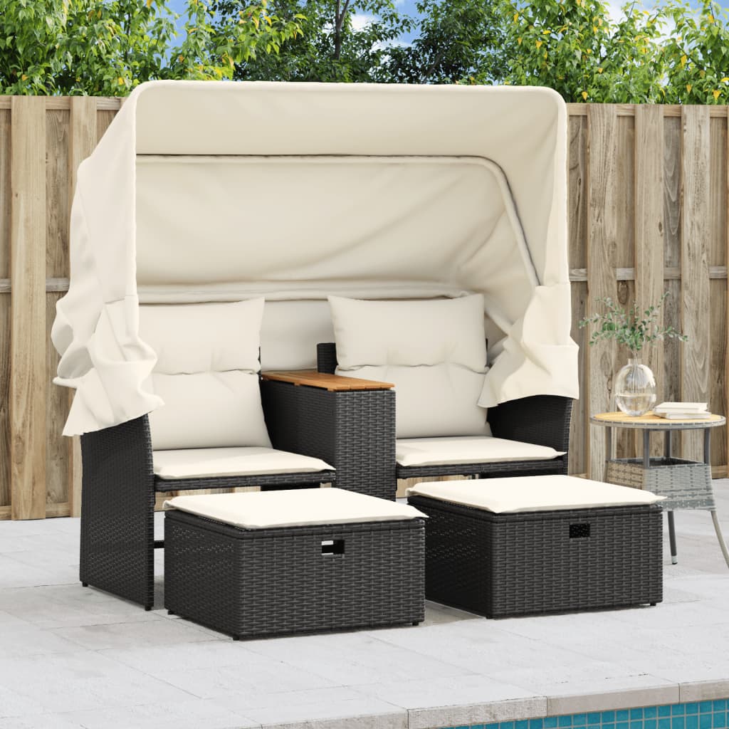 2-personers havesofa med baldakin og skamler polyrattan sort