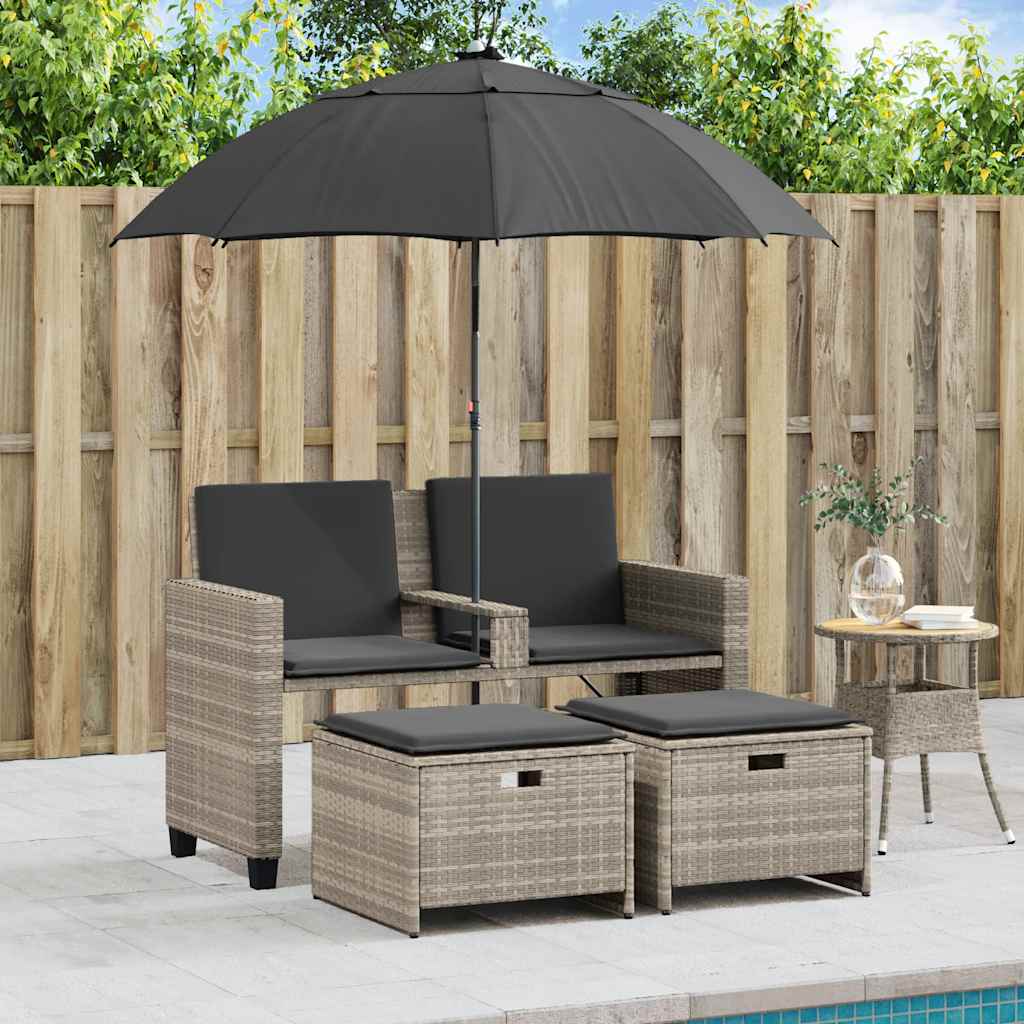 2-personers havesofa med parasol og skamler polyrattan lysegrå