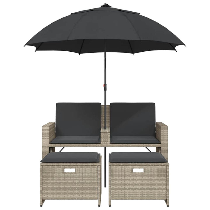 2-personers havesofa med parasol og skamler polyrattan lysegrå