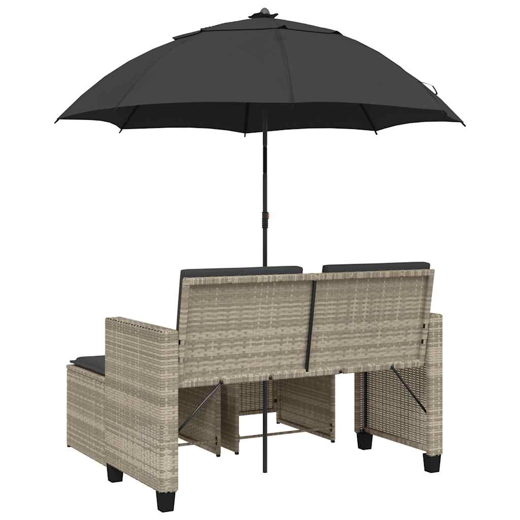 2-personers havesofa med parasol og skamler polyrattan lysegrå