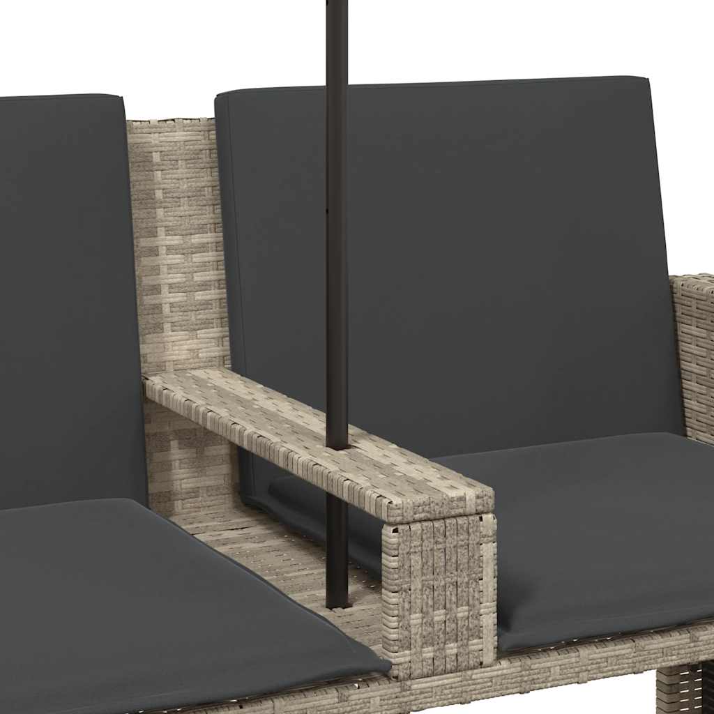 2-personers havesofa med parasol og skamler polyrattan lysegrå
