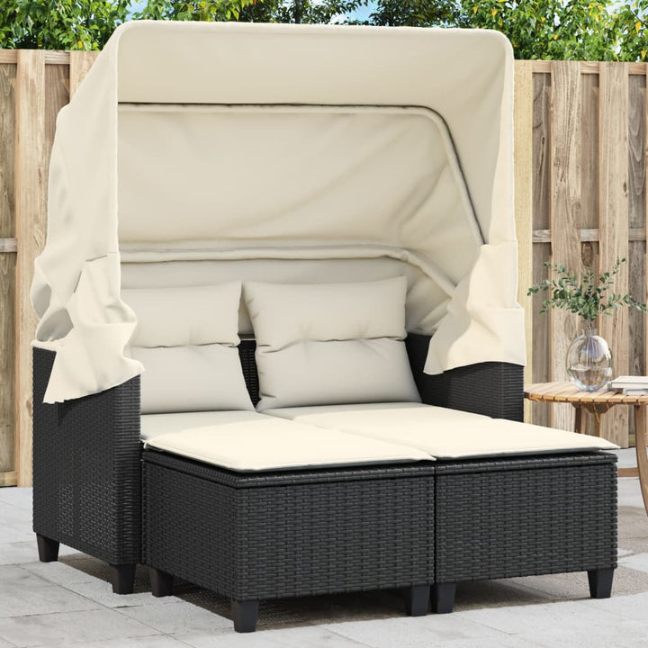 2-personers havesofa med baldakin og skamler polyrattan sort