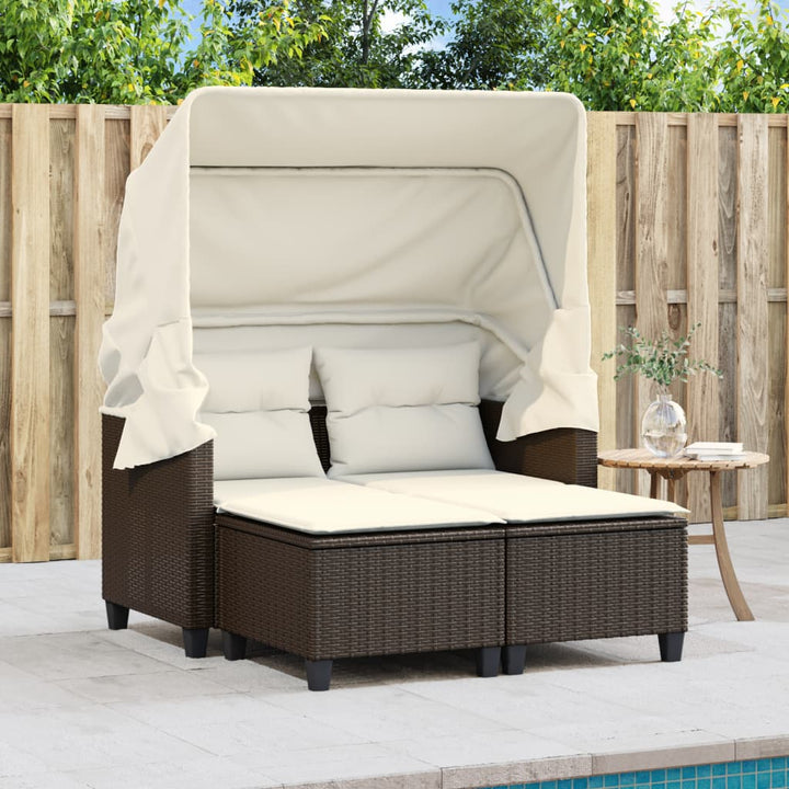 2-personers havesofa med baldakin og skamler polyrattan brun