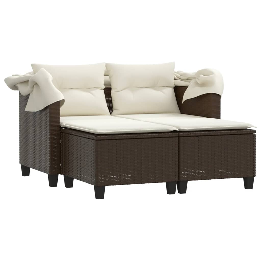 2-personers havesofa med baldakin og skamler polyrattan brun
