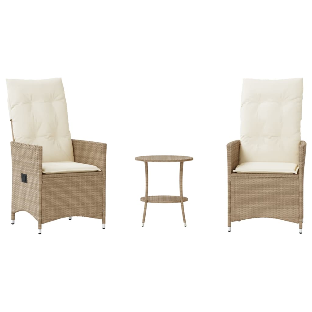 bistrosæt til haven 3 dele med hynder polyrattan beige