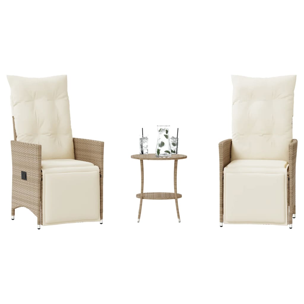 bistrosæt til haven 3 dele med hynder polyrattan beige