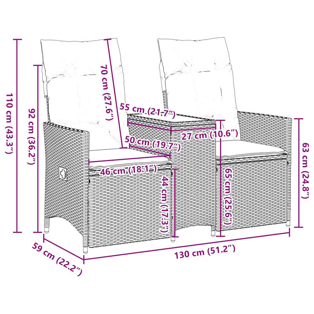 havesofa med 2 siddepladser og bord grå polyrattan