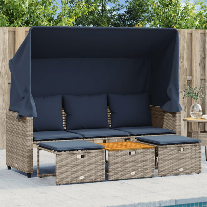 havesofa 3-personers med baldakin og skamler grå polyrattan