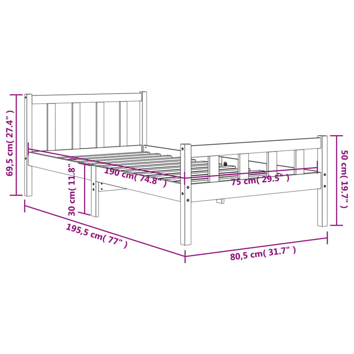 sengeramme uden madras 75x190 cm massivt fyrretræ gyldenbrun