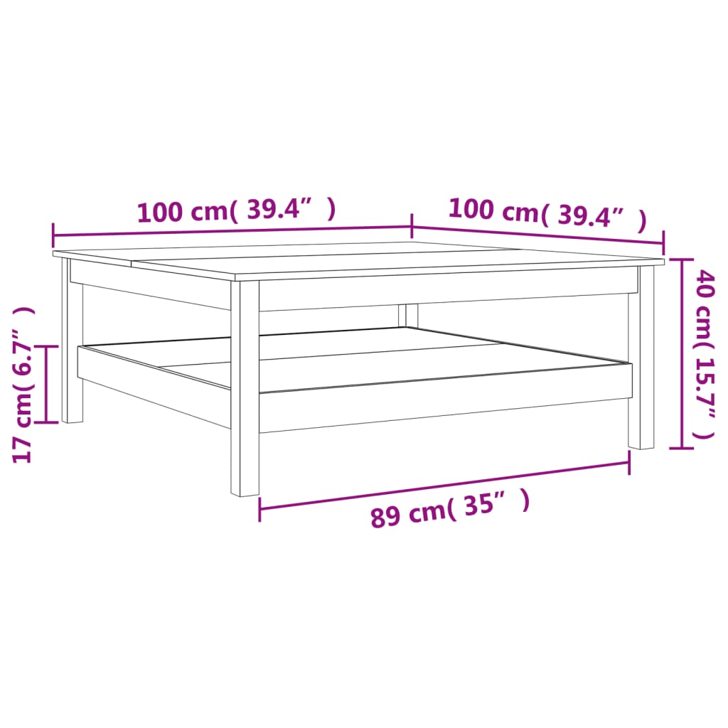 sofabord 100x100x40 cm massivt fyrretræ gyldenbrun