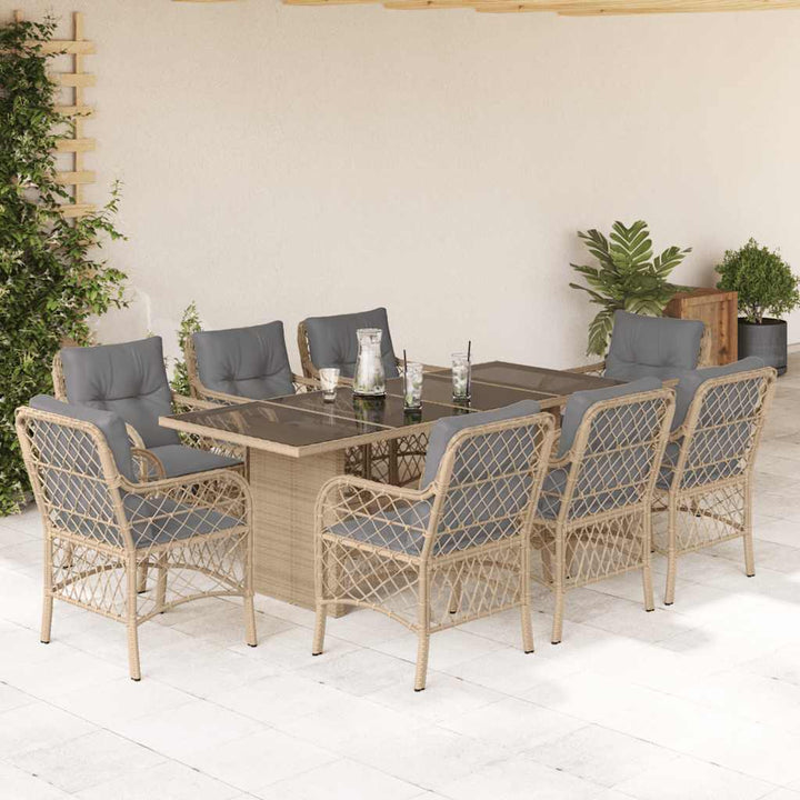 spisebordssæt til haven 9 dele med hynder polyrattan beige
