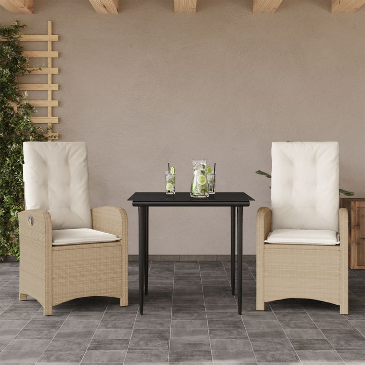 spisebordssæt til haven 3 dele med hynder polyrattan beige
