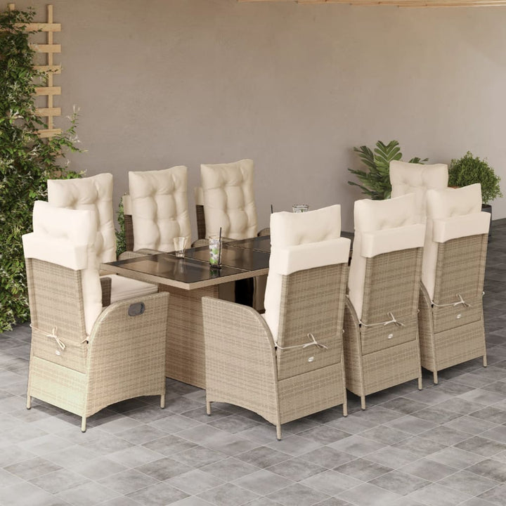 spisebordssæt til haven 9 dele med hynder polyrattan beige