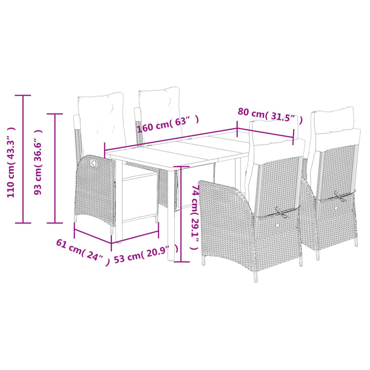 spisebordssæt til haven 5 dele med hynder polyrattan beige