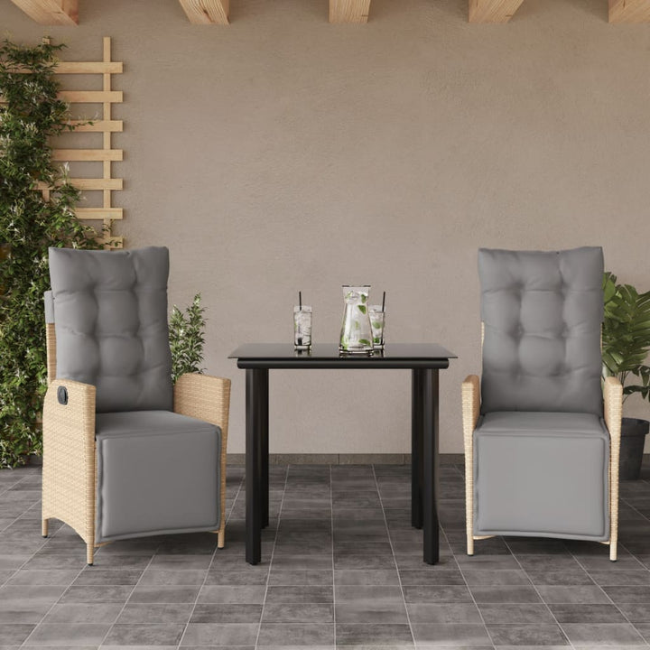 spisebordssæt til haven 3 dele med hynder polyrattan beige