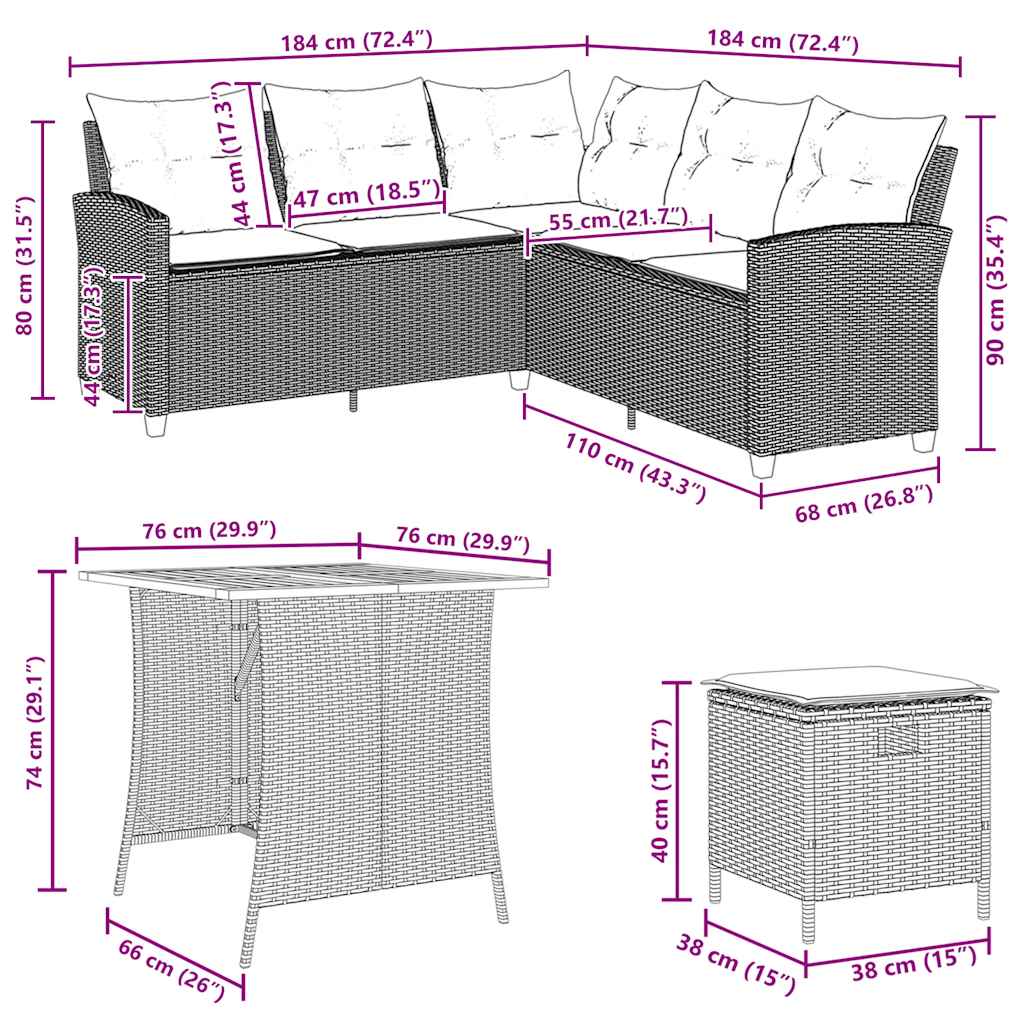 sofasæt til haven 6 dele med hynder L-formet polyrattan sort