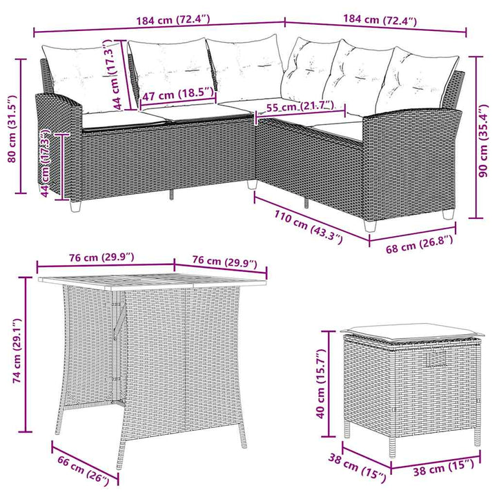 sofasæt til haven 6 dele med hynder L-formet polyrattan beige