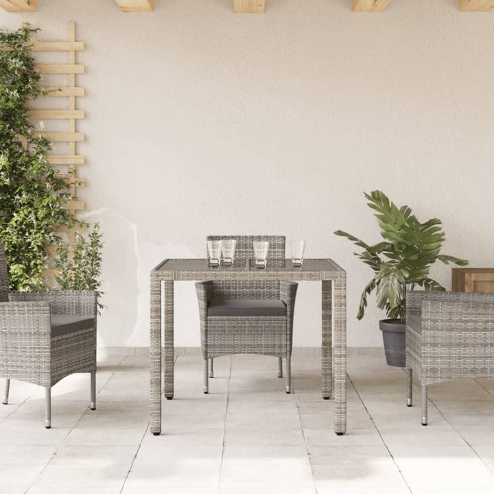 havebord med glastop 90x90x75 cm polyrattan grå