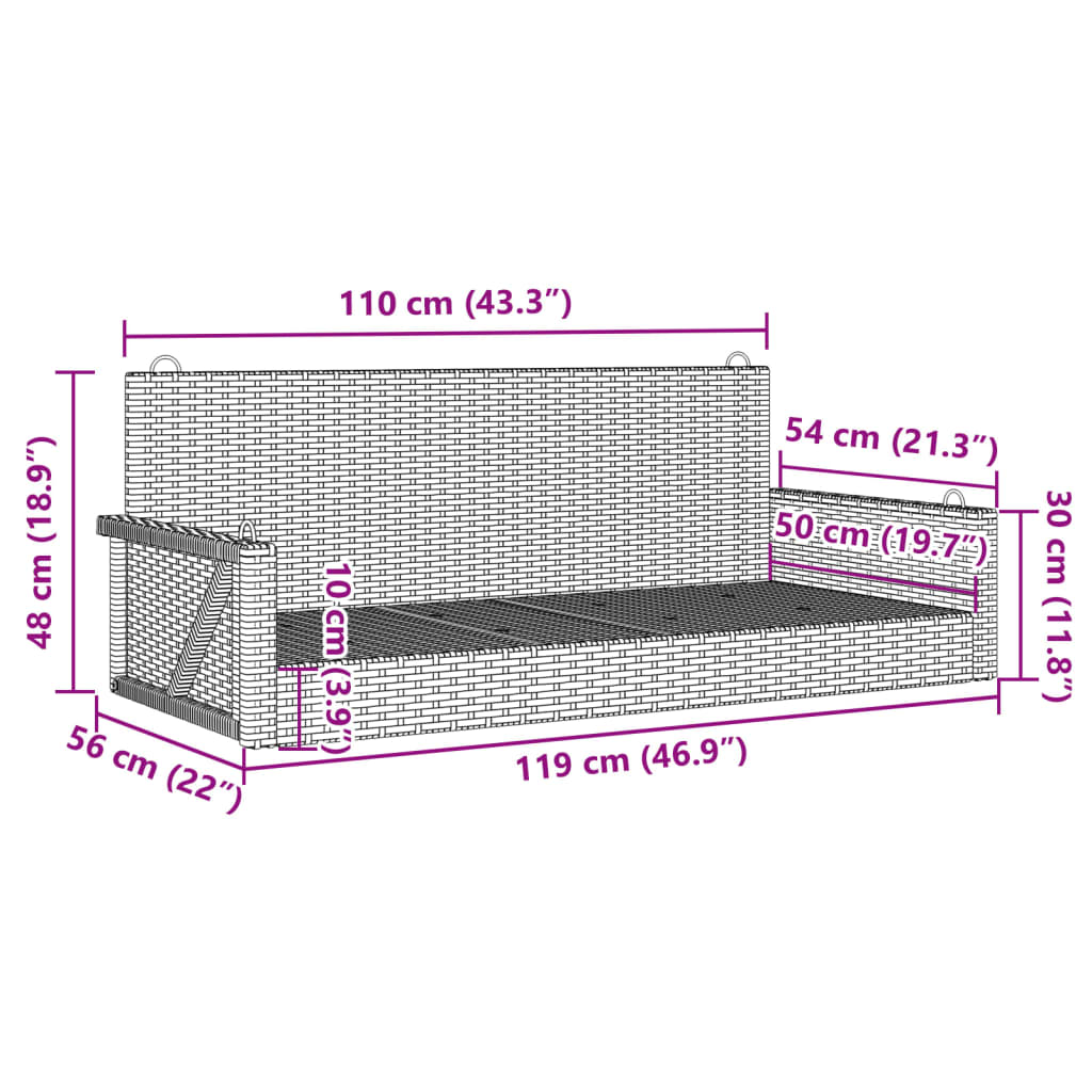 gyngebænk 119x56x48 cm polyrattan grå