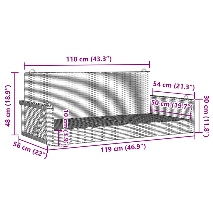gyngebænk 119x56x48 cm polyrattan grå