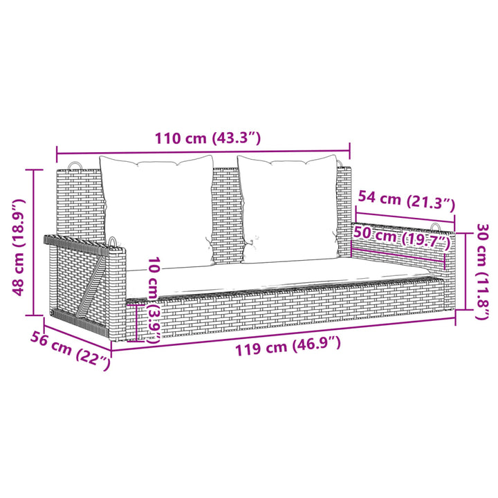 gyngebænk med hynder grå 119x56x48 cm polyrattan