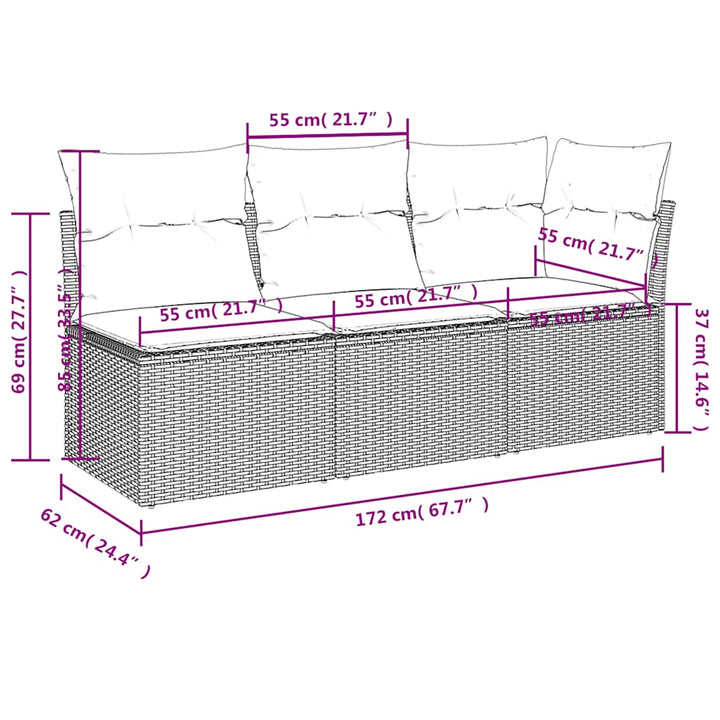 havesofa med hynder 3-personers sort polyrattan